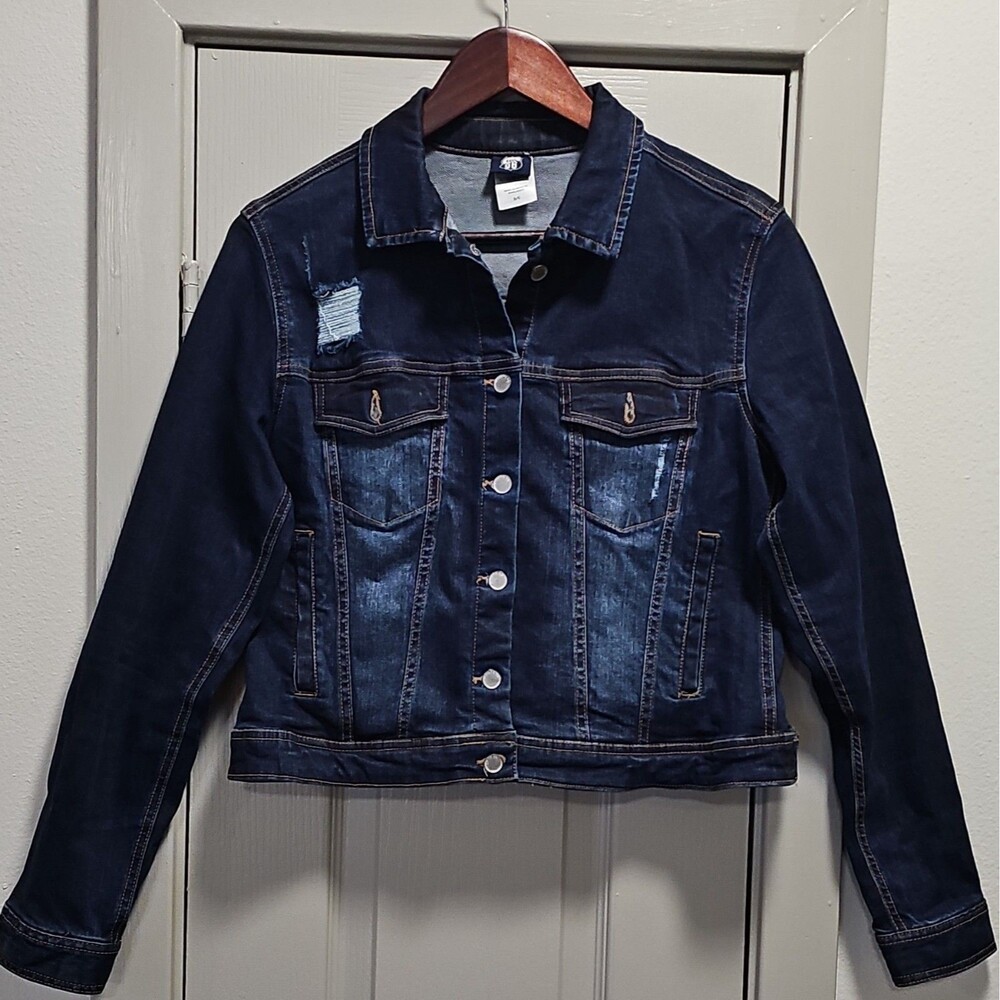 Route 66 Women's Blue Solid Short Button Front Pocket Denim Jacket Size S